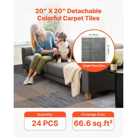 VEVOR Carpet Tiles Reusable 508 x 508 mm, 24 PCS Modular Carpet Square Rug, Commercial Floor Soft Padded for Seamless Cover 6.2㎡