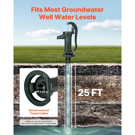 Well Hand Pitcher Pump, 25 ft Maximum Lift, Antique Cast Iron Manual Hand Water Pump, NPT 1-1/4 in Connection, Easy Installation