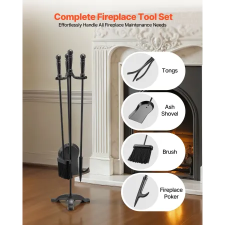 VEVOR Fireplace Tool Set, 4 PCS Fire Tool Set and Holder with Three-Prong Stand, Ash Shovel, Brush, Fire Place Poker, Wrought Ir