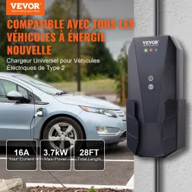 Portable EV Charger Type 2, 16A 3.7 kW, Electric Vehicle Car Charger with 28 ft Charging Cable CEE 7/7 Plug, IEC 62196 Home EV