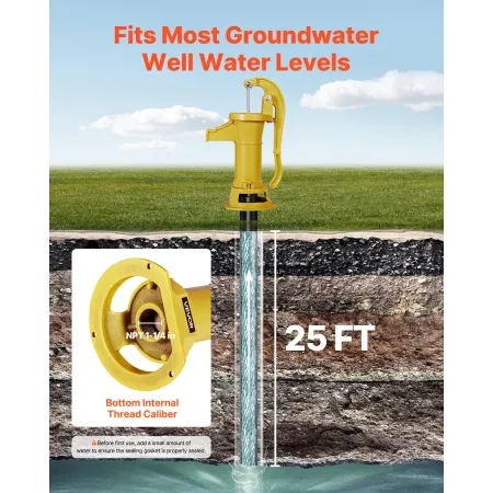 VEVOR Well Hand Pitcher Pump, 25 ft Maximum Lift, Antique Cast Iron Manual Hand Water Pump, NPT 1-1/4 in Connection, Easy Instal
