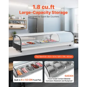 Sushi Display Case Refrigerator, 52L Commercial Sushi Case, 5-Pan Countertop Showcase with Curved Glass, LED Lighting, and Digit