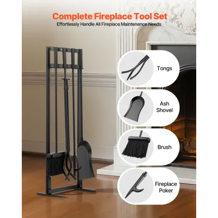 VEVOR Fireplace Tool Set, 5 PCS Fire Tool Set and Holder with Square-Frame Stand, Tongs, Ash Shovel, Brush, Fire Place Poker, Wr