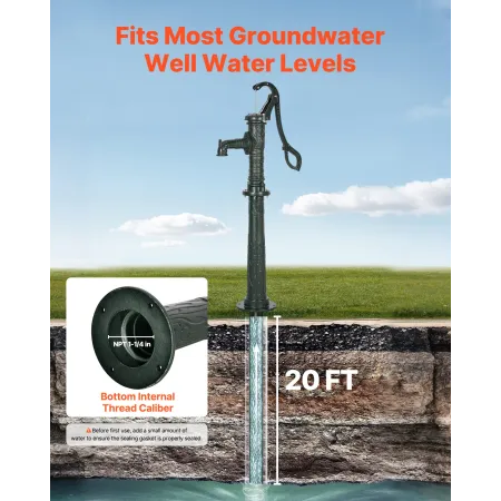 Well Hand Pitcher Pump, 20 ft Max Lift, Antique Cast Iron Manual Hand Water Pump with Heightening Base, NPT 1-1/4 in Connection,