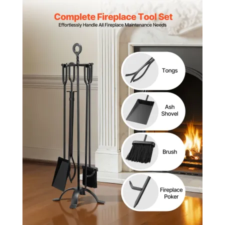 Fireplace Tool Set, 5 PCS Fire Tool Set and Holder with Four-Prong Stand, Tongs, Ash Shovel, Brush, Fire Place Poker, Wrought Ir