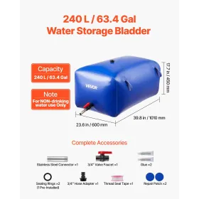 VEVOR Water Storage Bladder 240L Large Capacity Water Bag, Portable & Collapsible Soft Waters Container, Leakproof & Tear-Resist