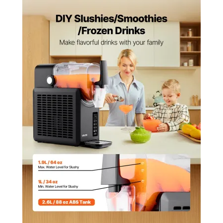 VEVOR Slushie Machine, 2,6L/88oz No Ice Needed Slushy Machine til hjemmet, Frosne Drink Maker med 5 forudindstillede