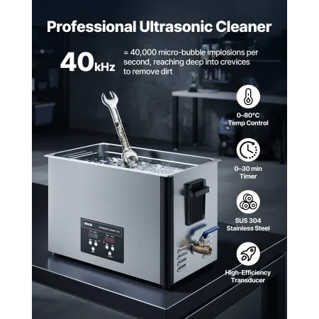 30L Ultrasonic Cleaner, Professional Ultrasonic Cleaner Machine with Cleaning Basket & Digital Display, 480W Stainless Steel 40k
