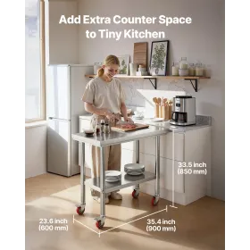 VEVOR Stainless Steel Table, 60 x 90 cm Food Prep Worktable with Wheels, Kitchen Prep Table with Adjustable Undershelf Workstati