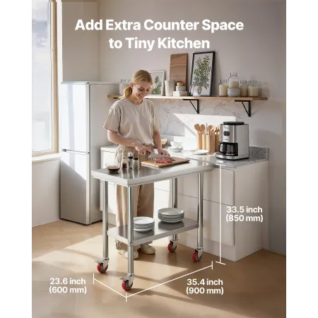 VEVOR rustfrit stålbord, 60 x 90 cm Food Prep Arbejdsbord med hjul, Køkken Prep bord med justerbar underhylde Workstati