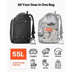 VEVOR Ski Boot Bag, 55L, Snowboard Boots Travel Backpack for Men Women, with Waterproof Exterior & Bottom, Durable 1680D Oxford,