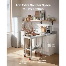 VEVOR Stainless Steel Table, 60 x 76 cm Food Prep Worktable with Wheels, Kitchen Prep Table with Adjustable Undershelf Workstati