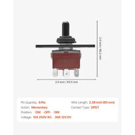VEVOR Toggle Switch, 6 Pin Momentary Polarity Reversing Toggle Switch (ON)-Off-(ON) DC 12V/30A AC 250V/15A - with Up Down Mounti