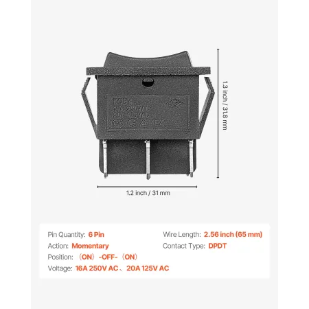 VEVOR-vippekontakt, 6-benet øjeblikkelig DPDT-vippekontakt, 3-position (ON)-Off-(ON) Polaritetsomskifter AC 250V/16A 125V/ 20