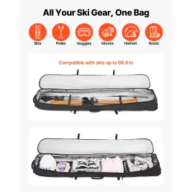 Ski Roller Bag, Up to 68.9 in/175 cm, Padded Snowboard Bag with Wheels for Air Travel, 600D Waterproof Oxford Fabric, with Adjus