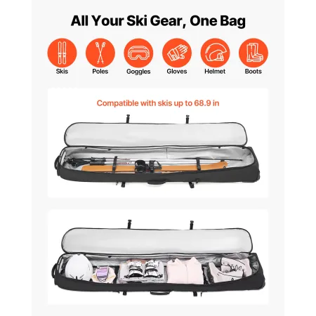 VEVOR Ski Roller Bag, Up to 68.9 in/175 cm, Padded Snowboard Bag with Wheels for Air Travel, 600D Waterproof Oxford Fabric, with