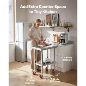 VEVOR Stainless Steel Table, 61 x 45 cm Food Prep Worktable with Wheels, Kitchen Prep Table with Adjustable Undershelf Workstati
