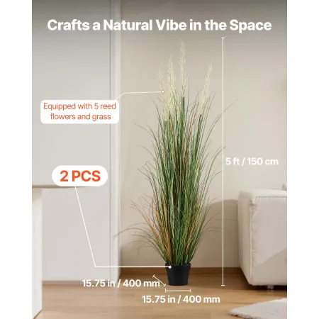 Artificial Grass Plant, 2 Pack 1499mm Faux Reed Flower Grass in Pot, Premium PVC Fake Greenery Shrubs Plant for Indoor Outdoor H