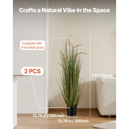 VEVOR Artificial Grass Plant, 2 Pack 1194mm Horsetail Reed Grass in Pot, Premium PVC Faux Fake Greenery Shrubs Plant for Indoor 