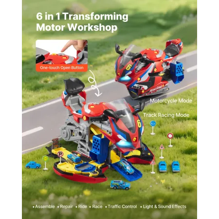 Motorcycle Engine Toy, 25 Pieces, Motorcycle Mechanic Toy with Removable Parts, Lights & Sounds, Simulated Riding & Track Racing