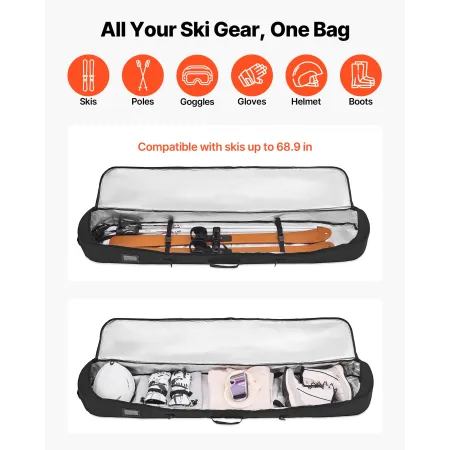 VEVOR Snowboardtaske, op til 165 cm, polstret ski- og snowboardtaske til flyrejser, 600D vandtæt Oxford-stof, med justering