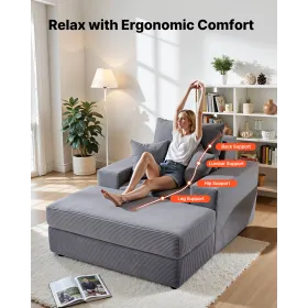 VEVOR Chaise Lounge Chair, 1115 mm Boneless Modular Chaise Lounge Indoor, Oversized Corduroy Reading Chair with Throw Pillows & 