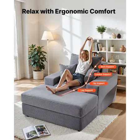 Chaise Lounge Chair, 1115 mm Boneless Modular Chaise Lounge Indoor, Oversized Corduroy Reading Chair with Throw Pillows & Armres