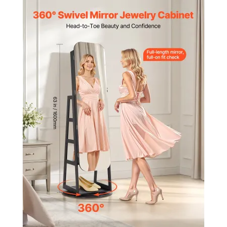360° Swivel Jewelry Cabinet, 1600 mm Tall, Full-Length Mirror with Storage, Standing Rotatable Jewelry Armoire Organizer, Lockab