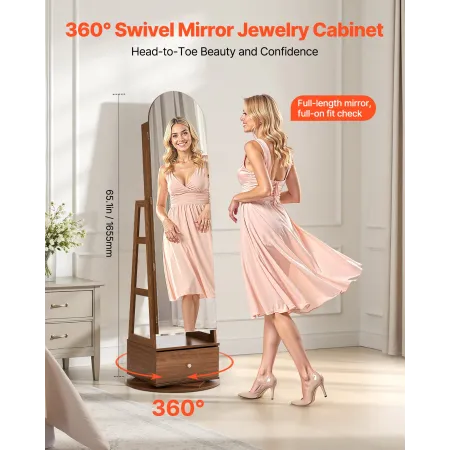 VEVOR 360° drejeligt smykkeskab, 1655 mm højt, fuldlængde spejl med opbevaring, stående, drejeligt smykkearrangement,