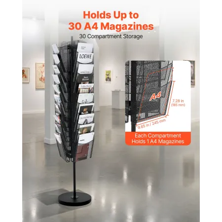 VEVOR Roterende Brochure Display Stativ, 30 Lommer Mesh Magazine Litteratur Display Stand, Bærbar Gulvstående Magasin Stativ,