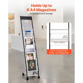 Brochure Display Rack, Narrow 6-Tier Magazine Literature Display Stand with Wheels, Metal Floor Standing Magazine Rack, Movable 