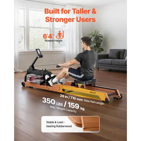 VEVOR Water Rowing Machine, 6-Level Quiet Resistance, Wooden Foldable Rower Machine with 14L Water Tank & LCD Monitor, Bluetooth