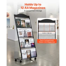 VEVOR Brochure Display Rack, 4-Tier Magazine Literature Display Stand with Wheels, Movable Floor Standing Magazine Rack, Heavy D