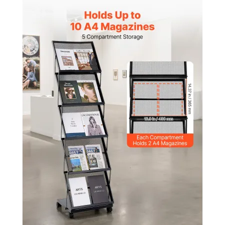 VEVOR Brochure Display Rack, Foldable 5 Pockets Magazine Literature Display Stand, Movable Floor Standing Magazine Rack with Whe