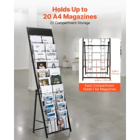 Brochure Display Rack, 20 Pockets Magazine Literature Display Stand, Portable Floor Standing Magazine Rack, Metal Newspaper Cata