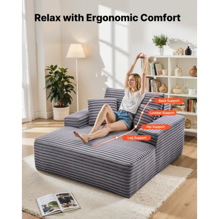 VEVOR Chaiselongstol, 1240 mm Udbenet Chaiselong indendørs, moderne polstret overdimensioneret læsestol med puder og armr