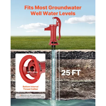VEVOR Well Hand Pitcher Pump, 25 ft Maximum Lift, Antique Cast Iron Manual Hand Water Pump, NPT 1-1/4 in Connection, Easy Instal