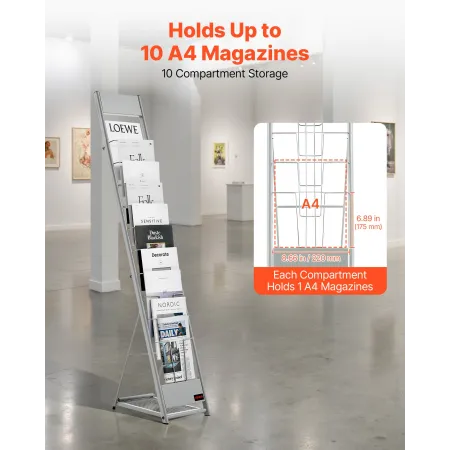 VEVOR Brochure Display Stativ, 10 Lommers Magasin Litteratur Display Stand, Transportabel Gulvstående Magasin Stativ, Metal Avis