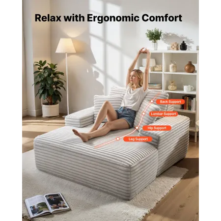 Chaise Lounge Chair, 1380 mm Boneless Chaise Lounge Indoor, Modern Upholstered Oversized Reading Chair with Throw Pillows & Armr