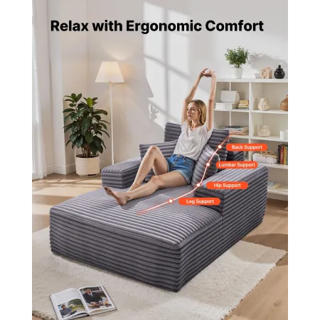 VEVOR Chaise Lounge Chair, 1380 mm Boneless Chaise Lounge Indoor, Modern Upholstered Oversized Reading Chair with Throw Pillows 