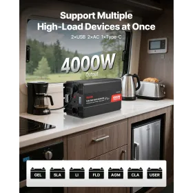 VEVOR 4000W Power Inverter, 12V DC to 230V AC Pure Sine Wave Inverter, Solar Car Charger Converter with LCD Display, Remote Cont