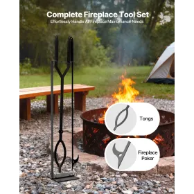 Fireplace Tool Set, 3 PCS Fire Tool Set and Holder with Stand, Tongs, Fire Place Poker, Wrought Iron Fireplace Accessories for C