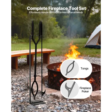 VEVOR Fireplace Tool Set, 3 PCS Fire Tool Set and Holder with Stand, Tongs, Fire Place Poker, Wrought Iron Fireplace Accessories