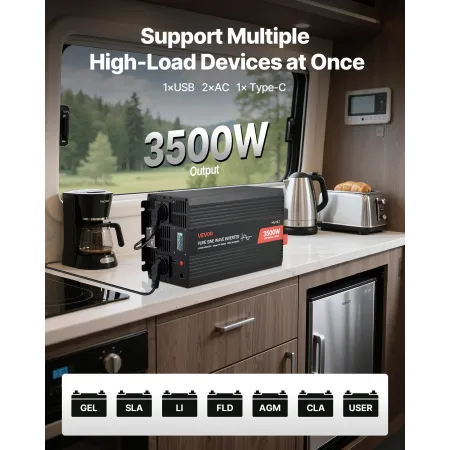 3500W Power Inverter, 12V DC til 230V AC Pure Sine Wave
