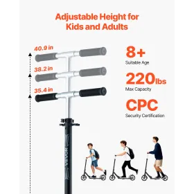 Kick Scooter for Kids Ages 8+, Teens & Adults, 2-Wheel Toddler Scooter with Adjustable Height Handlebar, Wide Anti-Slip Deck, Fo