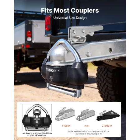VEVOR Trailer Hitch Lock, Fits for 46 mm, 50.8 mm, 58.7 mm Couplers, Heavy-Duty Anti-Theft Trailer Ball Lock with 3 Keys, Prying
