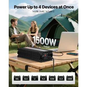 VEVOR 1500W Power Inverter, 12V DC to 230V AC Pure Sine Wave Inverter, Car Charger Converter with Remote Control, USB & Type-C P