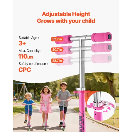 VEVOR Kick Scooter for Kids Ages 3+, 2-Wheel Toddler Scooter with Light-Up Wheels, Adjustable Height Handlebar, Wide Anti-Slip D