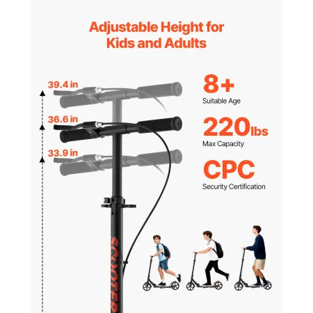 Kick Scooter for Kids Ages 8+, Teens & Adults, 2-Wheel Toddler Scooter with Height Adjustable Handlebar, Wide Anti-Slip Deck, Fo