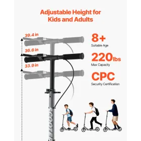 VEVOR Kick Scooter for Kids Ages 8+, Teens & Adults, 2-Wheel Toddler Scooter with Adjustable Height Handlebar, Wide Anti-Slip De